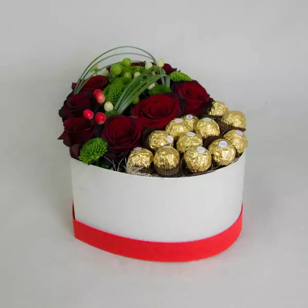 Roses and Ferrero in heart-shaped box
