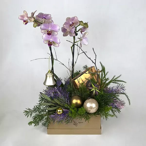 New Year&#39;s composition with pink orchid and handmade chocolate