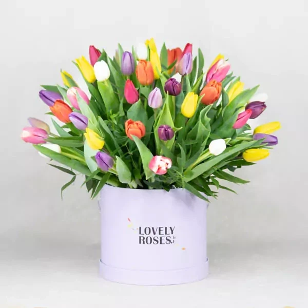 The composition is made of 45 colored tulips.

