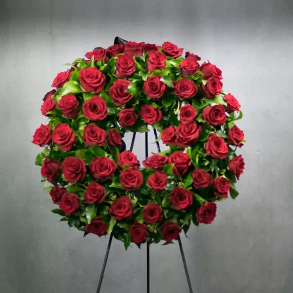 Funeral wreath with 50 red roses