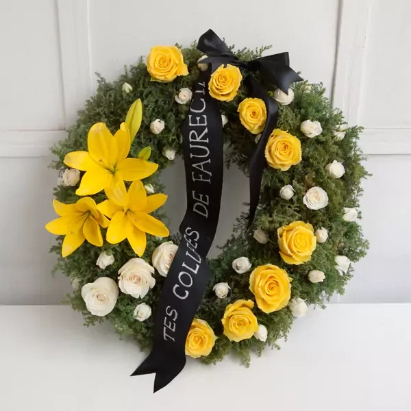 Funeral wreath with yellow lilies