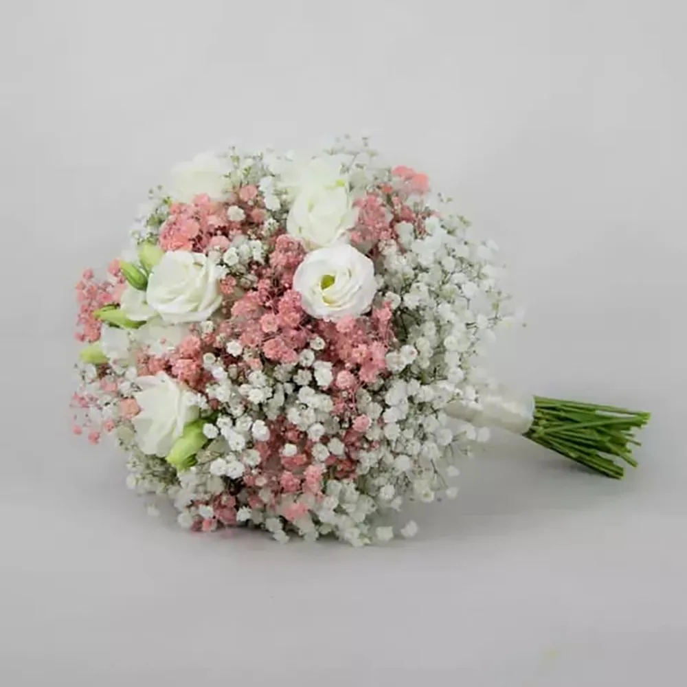 Wedding bouquet with white spray roses, pink and white gypsophila