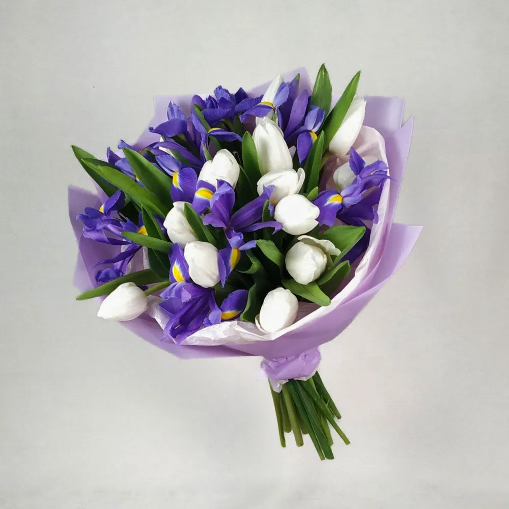 Bouquet of white tulips and irises