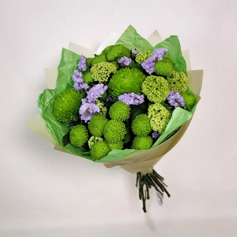 Green bouquet with chrysanthemums