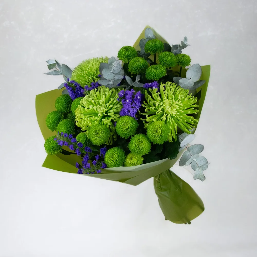Green bouquet with chrysanthemums