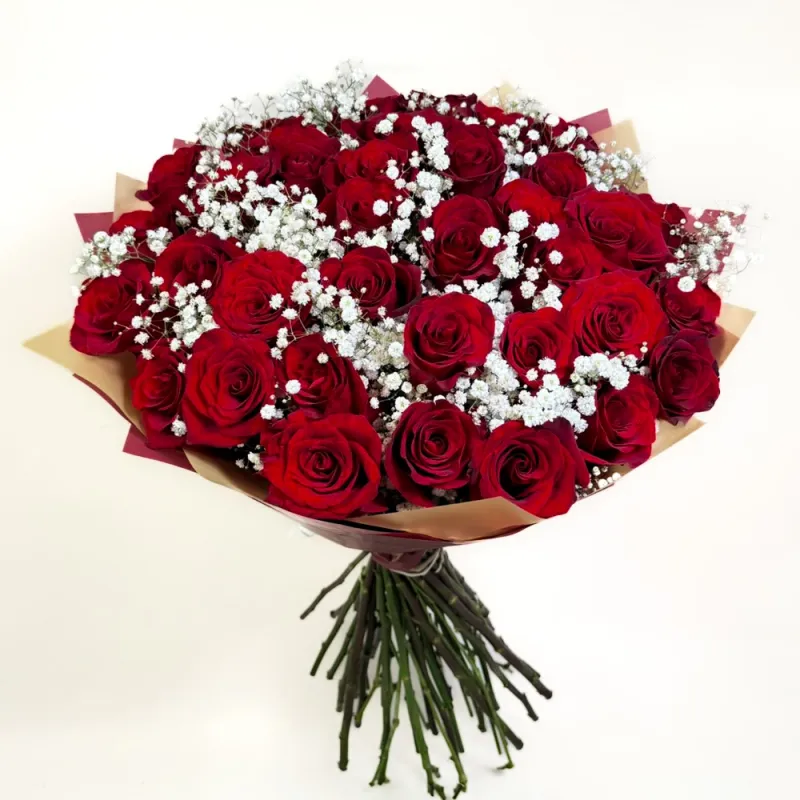 Red roses with baby breath (36 roses)