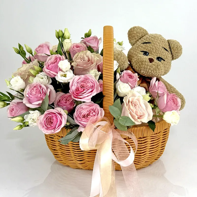 Pink Harmony Flower &amp; Teddy Basket