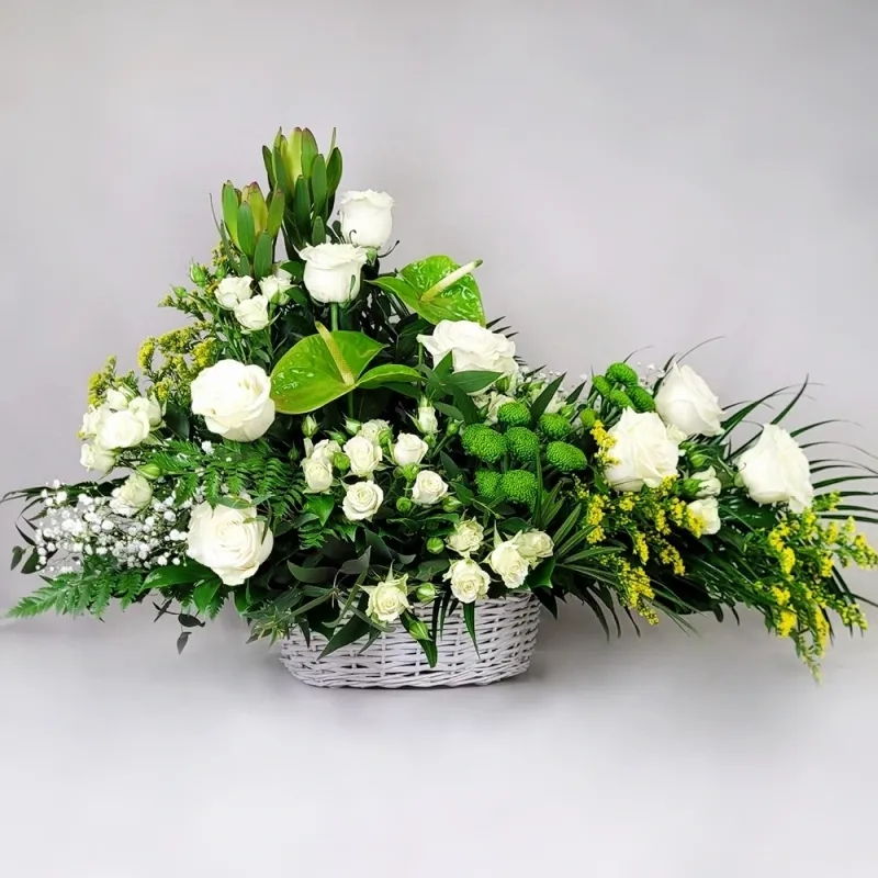 Funeral basket with white roses