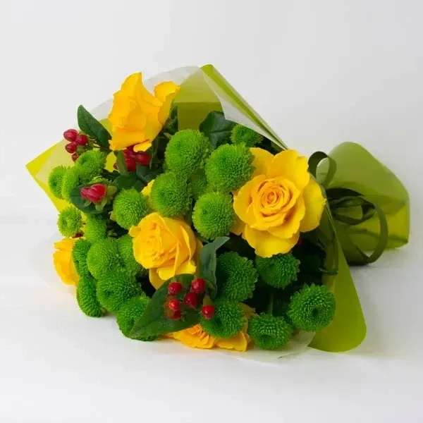 The bouquet uses 5 yellow roses, 5 chrysanthemums and hypericum. The approximate size of the bouque…