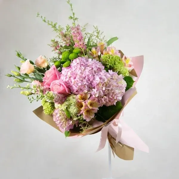 Hydrangea is used in the bouquet.