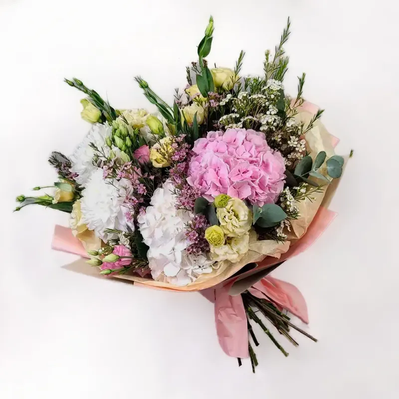 A delicate bouquet with hydrangeas