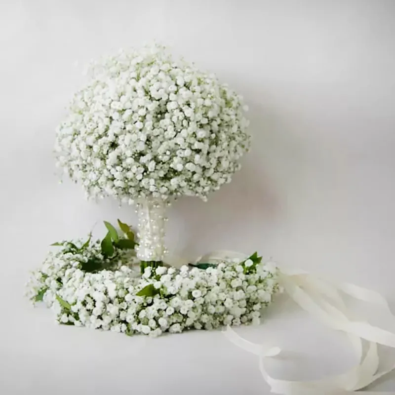 Свадебный букет и корона из белой гипсофилы