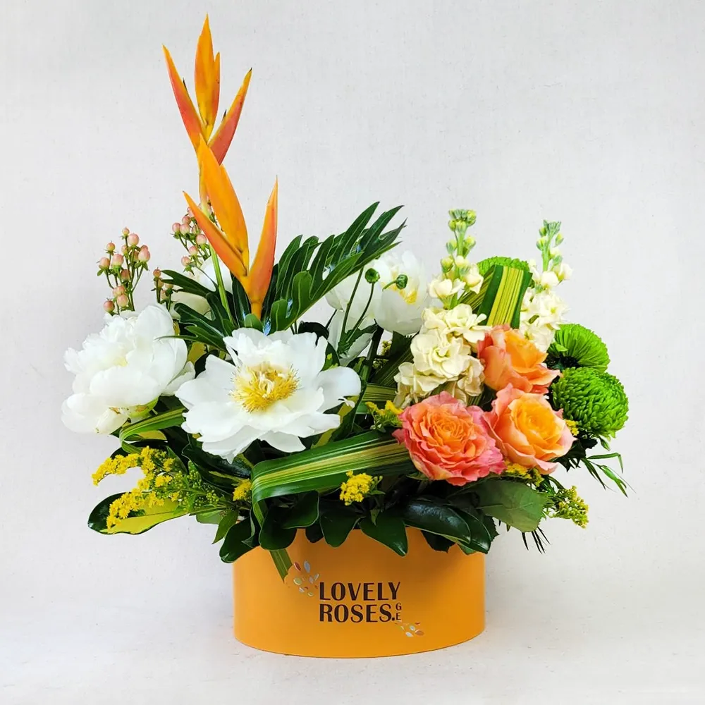 Composition B2 with peonies and heliconias