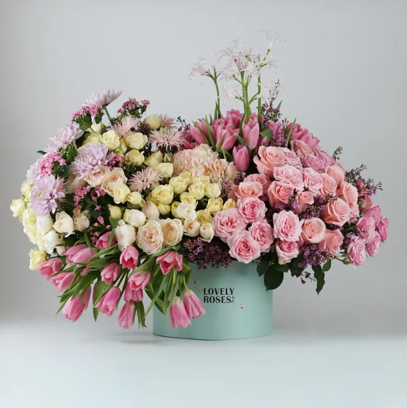 Large composition with pink and yellow flowers