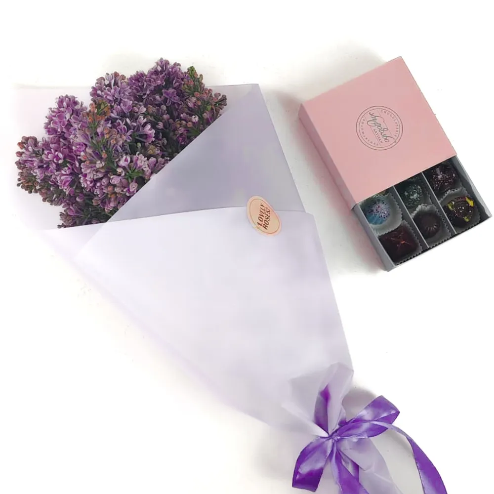 Gift set Viola with liliacs and chocolate