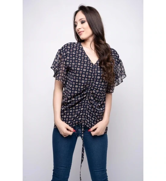 Stylish women's chiffon blouse with a pointed neckline and short sleeves
