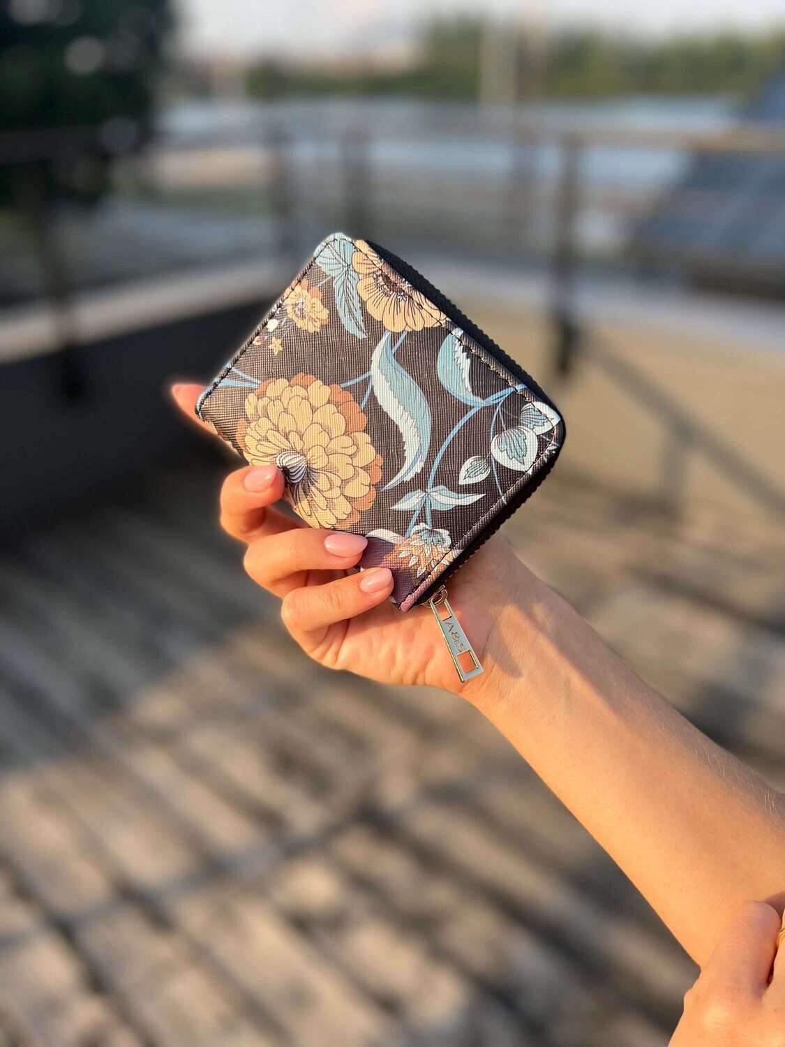 Black Floral small wallet with card and coin slots