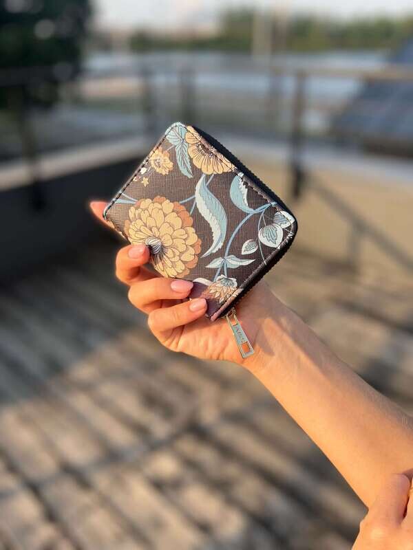 Black Floral small wallet with card and coin slots