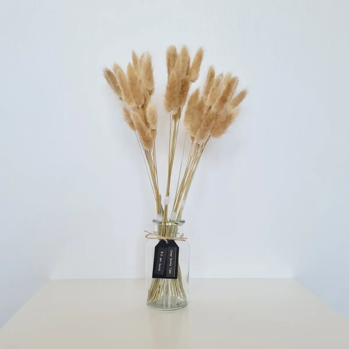 Multiple bunches of natural dried bunny tails stems displayed together, soft and fluffy with neutral tones.