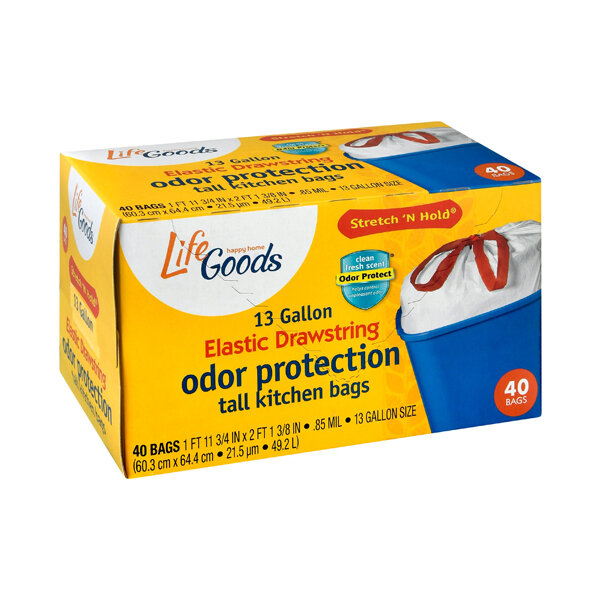 LIFE GOODS ELASTIC DRAWSTRING STRETCH &amp; HOLD KITCHEN 13GAL BAGS 6X40CT