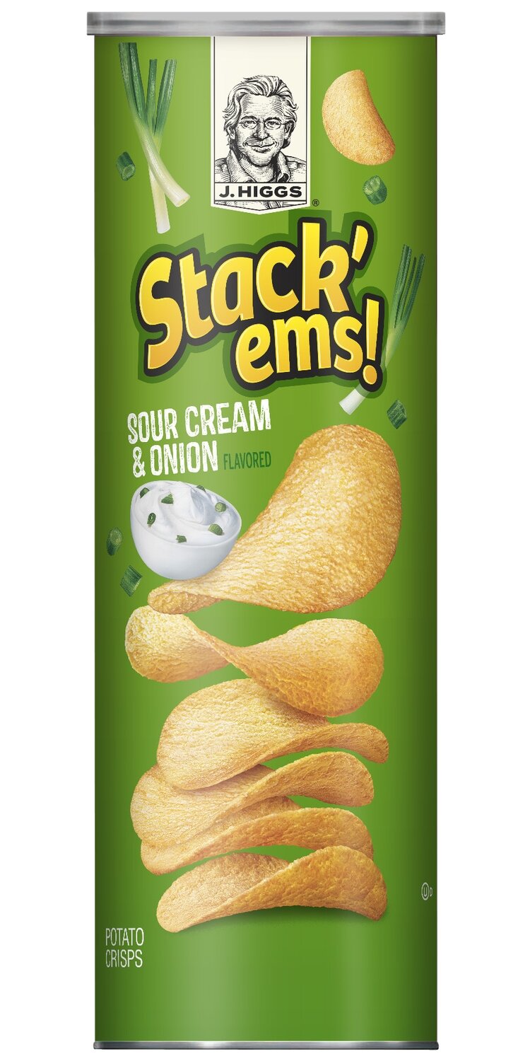 J HIGGS SOUR CREAM &amp; ONION CANNISTER CHIPS 12X5.5OZ