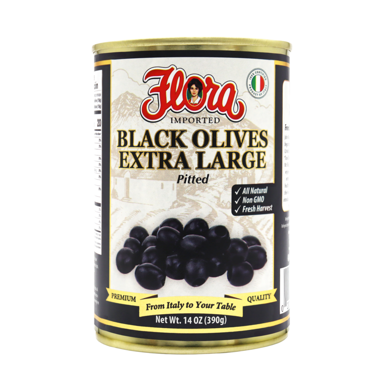 FLORA BLACK PITTED EXTRA LARGE OLIVES 12X14OZ