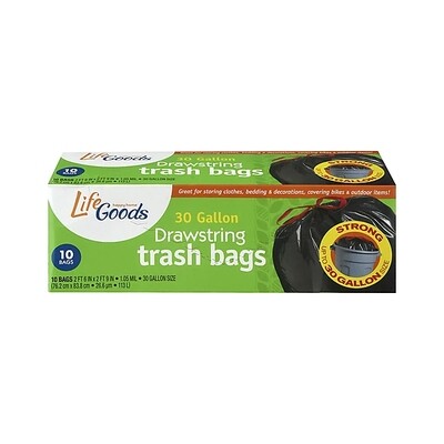 LIFE GOODS DRAWSTRING TRASH 30GAL BAGS 12X10CT