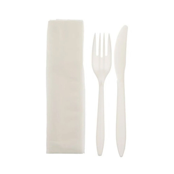 VIC. BAY 3-PCS KIT FORK &amp; KNIFE &amp; NAPKIN WHITE MEDIUM WEIGHT 250CT (VBPKT3MW250)