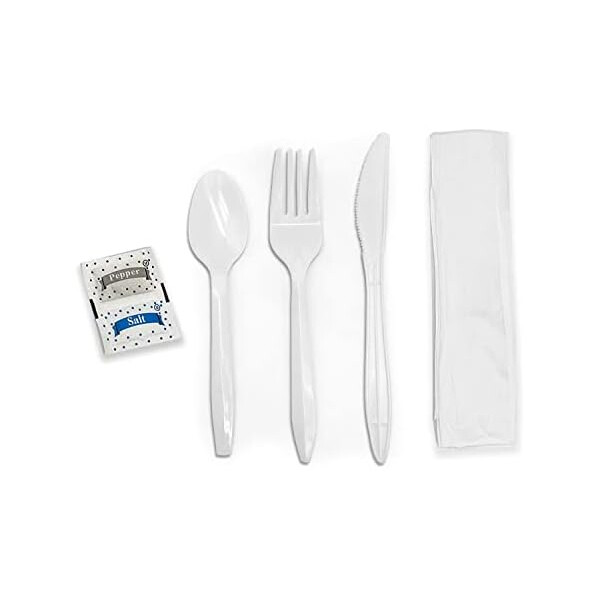 VIC. BAY 6-PCS KIT FORK, KNIFE, TEASPON, SALT &amp; PEPPER W/ NAPKIN 500CT