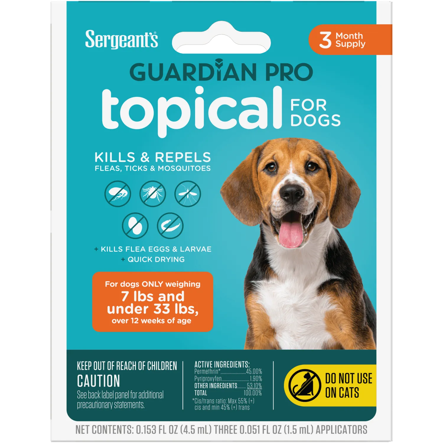 SERGEANT&#39;S GUARDIAN PRO F&amp;T TOPICAL FOR DOGS &lt;33# 4X3CT