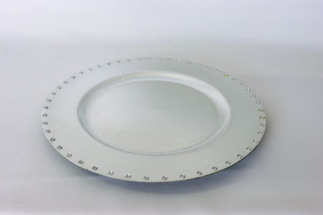 Jay Comp 13" Round Silver Jeweled Rim Poly Charger Plate