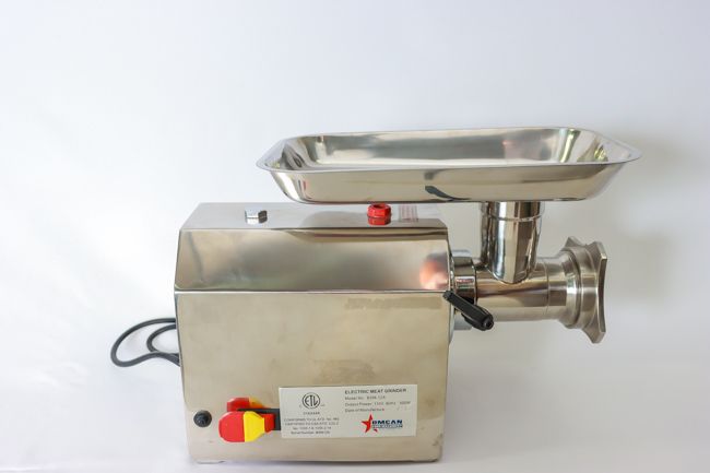 Omcan Meat Grinder Electric 12# Head, 260 LB/Hour Capacity, 3 Spouts, Carbon Steel Knifes, 2 Machine Plates (6mm &amp; 8mm) 110V/60/1-ph