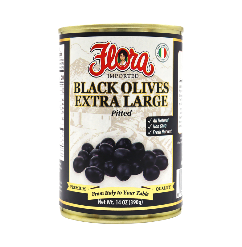 FLORA BLACK PITTED EXTRA LARGE OLIVES 12X14OZ
