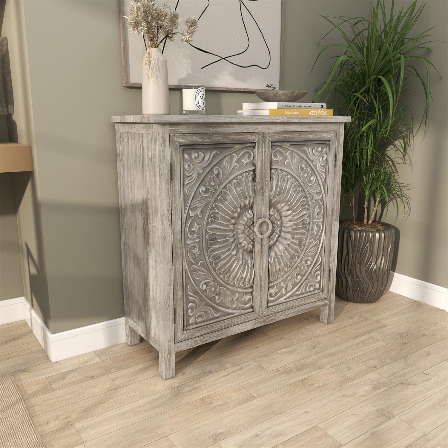 GRAY WOOD MEDALLION CABINET