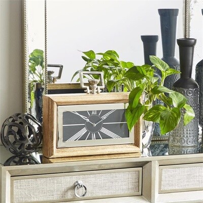 STAINLESS STEEL AND MANGO WOOD TABLE CLOCK 15"W, 13"H