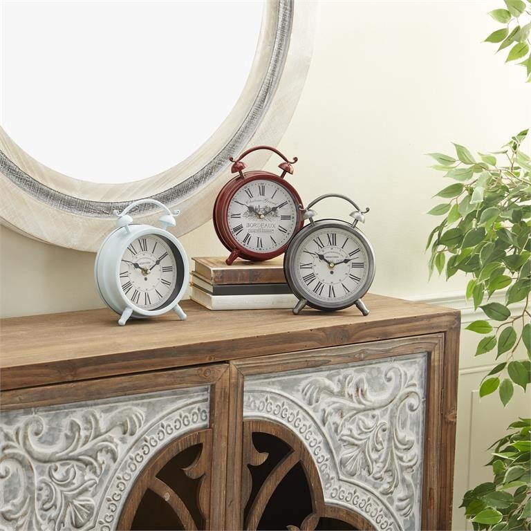ROUND FACE METAL TABLE CLOCK 3 ASST 6&quot;W, 8&quot;H