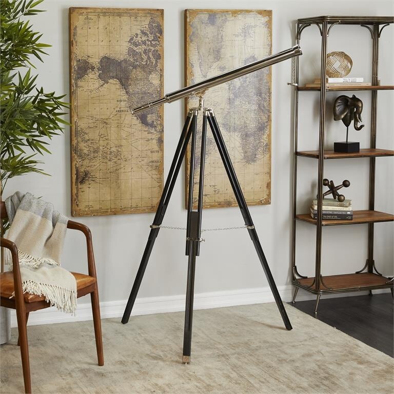 SILVER BLACK WOOD TELESCOPE 38&quot;W, 55&quot;H