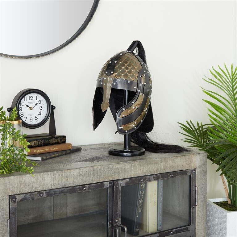 GOLD METAL REPLICA MEDIEVAL GREEK SPARTAN HELMET WITH BLACK WOOD STAND AND PLUME