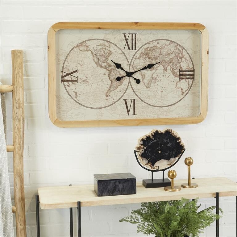 WOOD MAP WALL CLOCK 31&quot;W, 20&quot;H