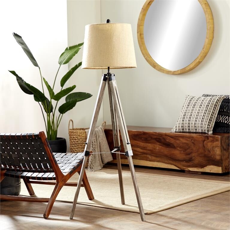 WOOD AND METAL TRIPOD FLOOR LAMP 61&quot;H