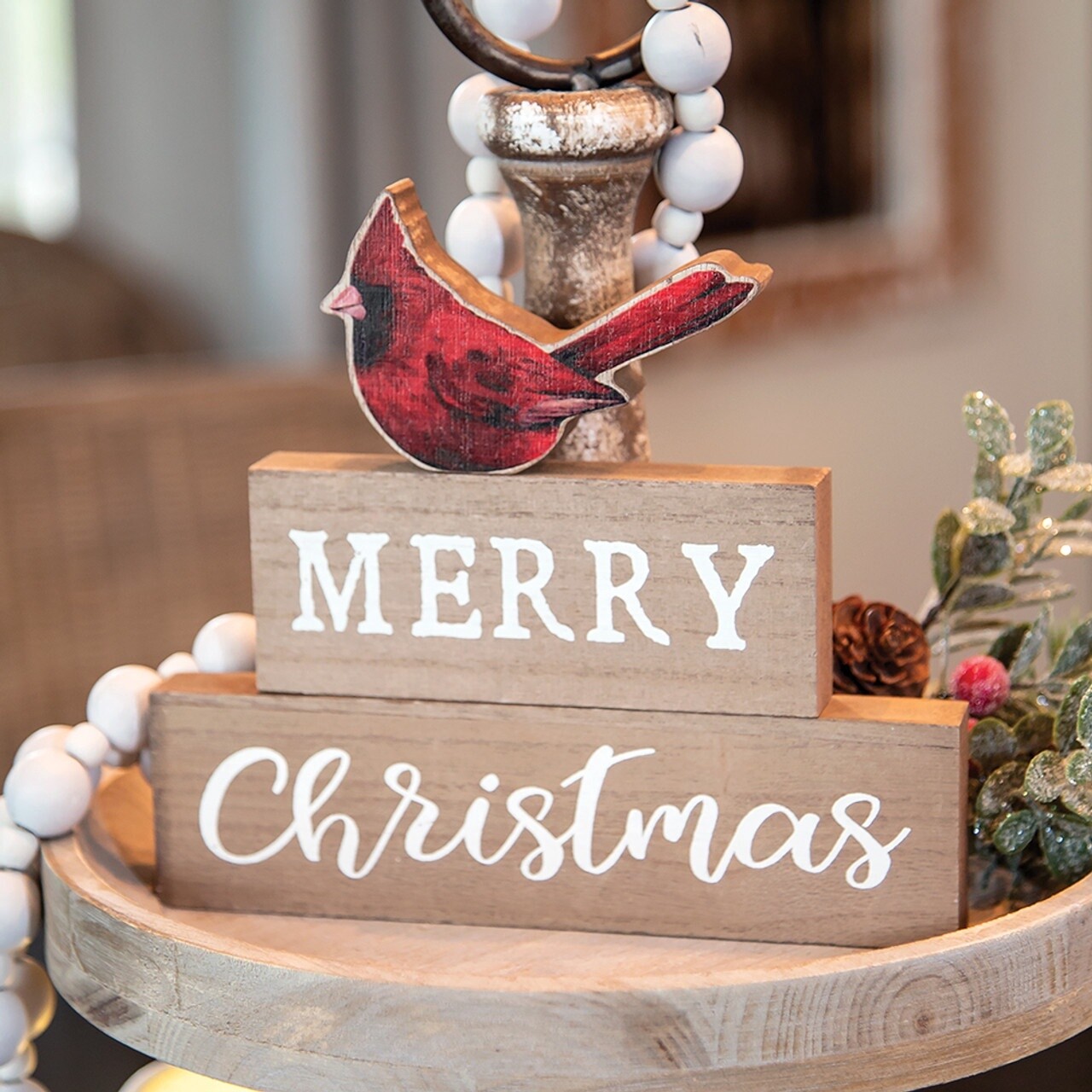 3 PC MERRY CHRISTMAS CARDINAL BLOCK STACK