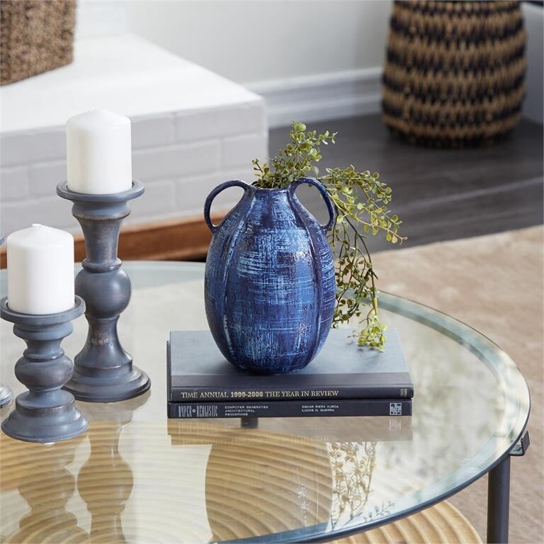 BLUE CERAMIC VASE W/HANDLES