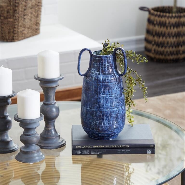 TALL BLUE CERAMIC VASE W/HANDLES
