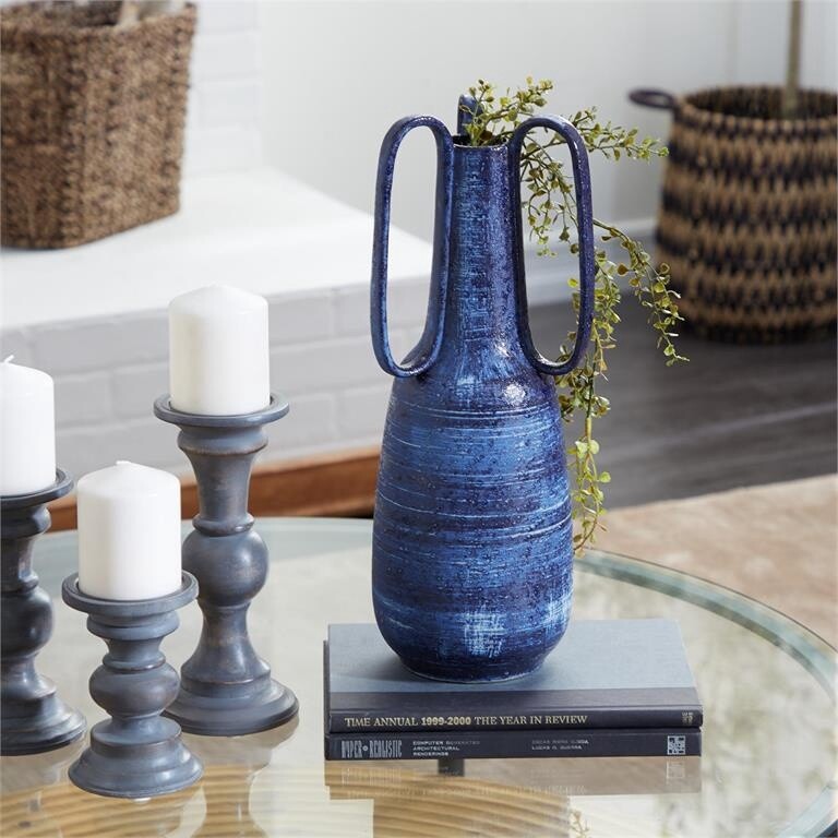 TALL BLUE CERAMIC VASE WITH HANDLES