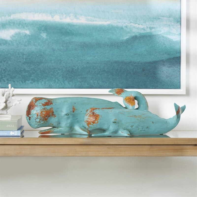 TEAL POLYSTONE DISTRESSED WHALE SCULPTURE