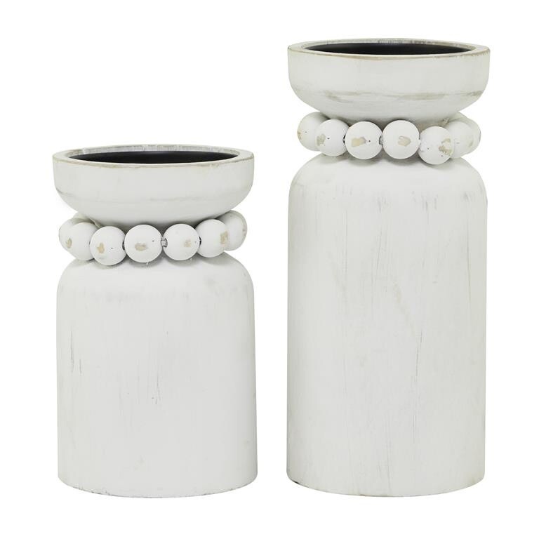 WHITE WOOD BEADED PILLAR CANDLE HOLDER, Size: SM