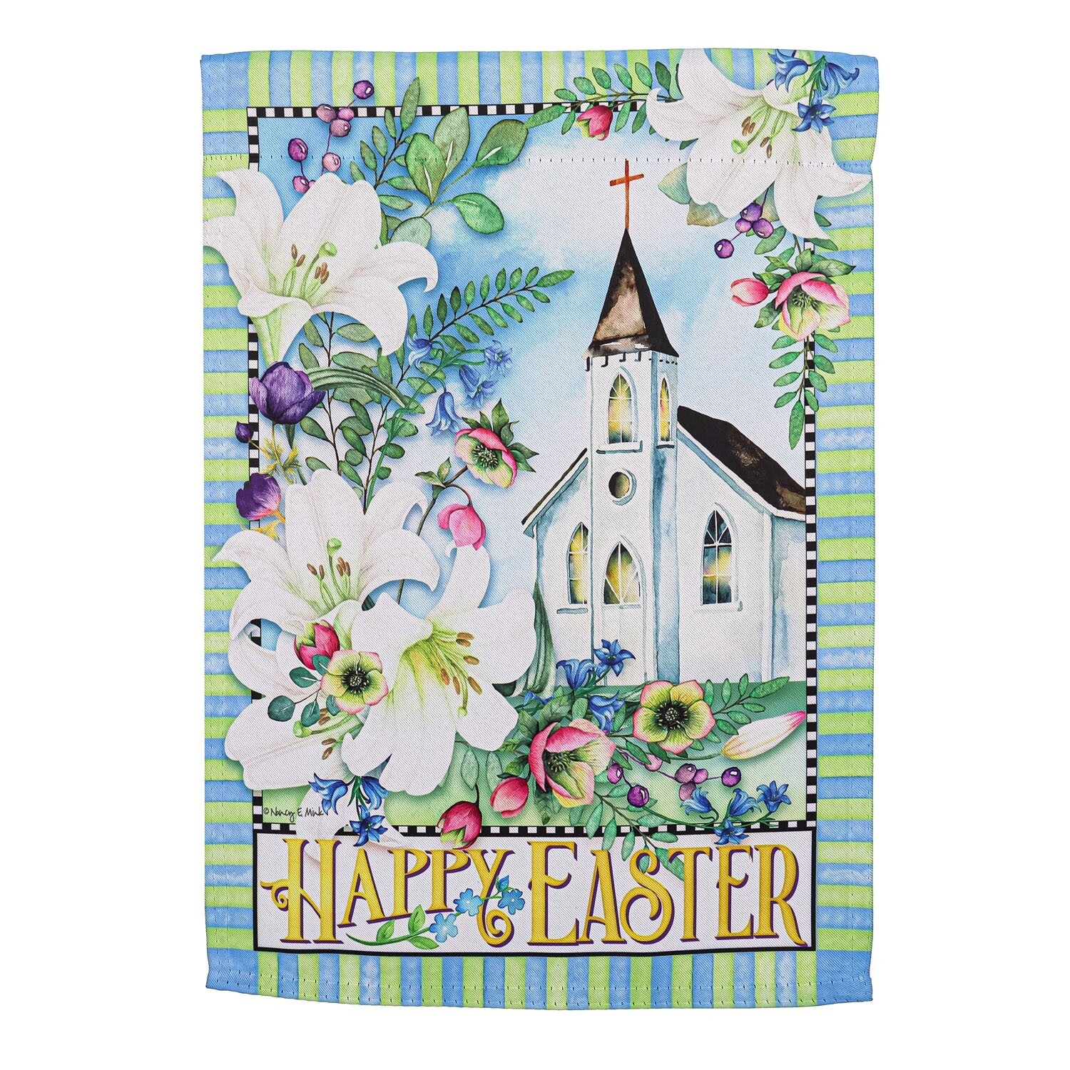 Easter Church with Flowers Garden Suede Flag
