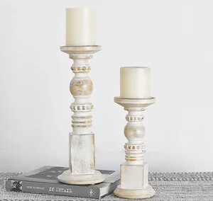 BEADED CARVED WOOD CANDLE HOLDER