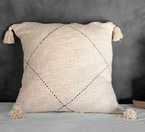 20&quot; BEIGE BLACK STICHED WITH TASSELS PILLOW