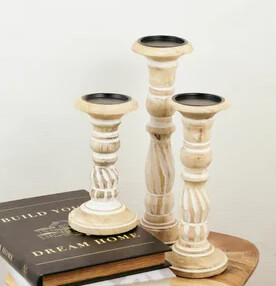 CARVED WOOD STRIPE CANDLE HOLDER, Size: SM